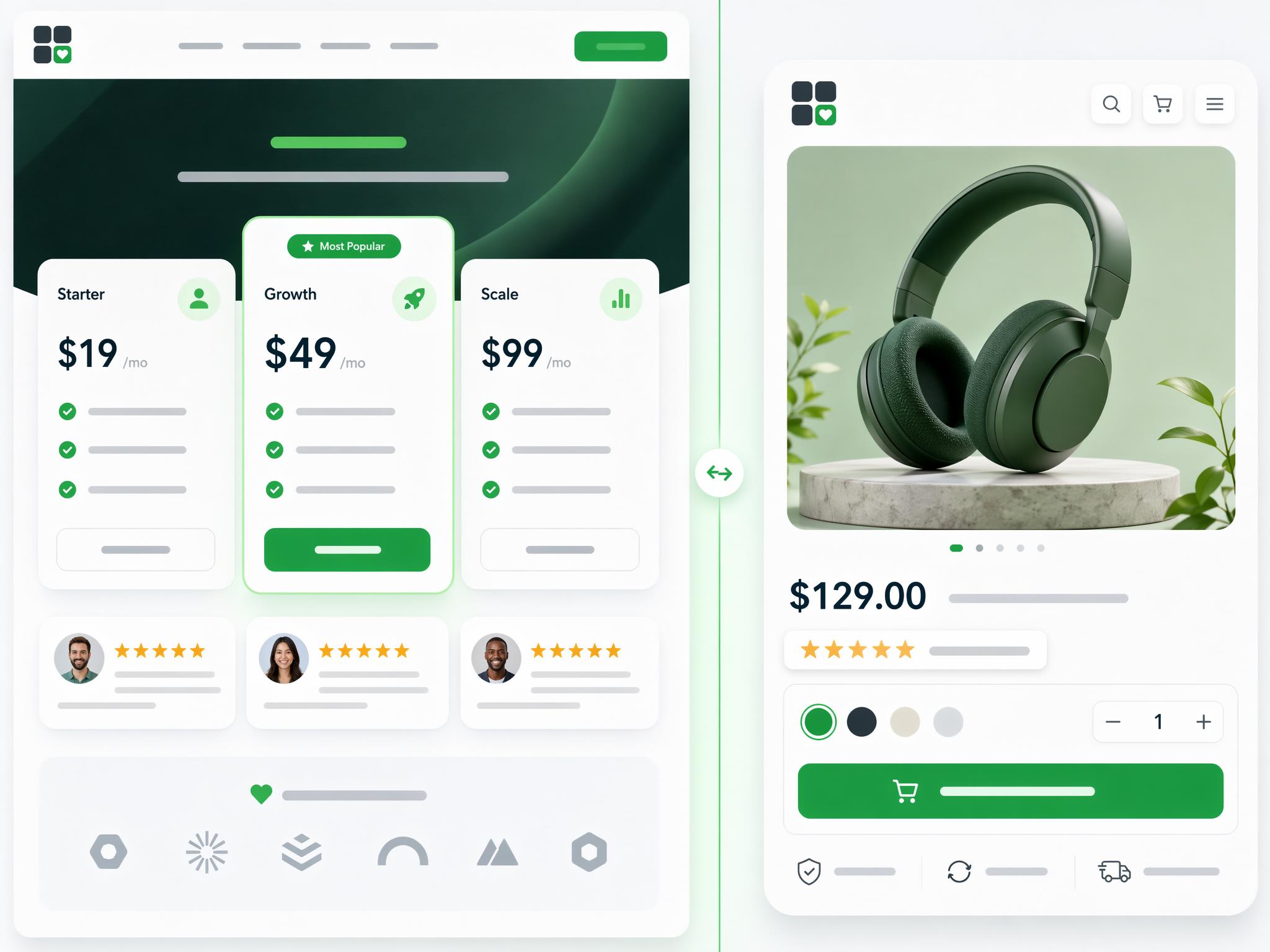 SaaS-страница тарифов с виджетом отзывов и карточка товара e-commerce с рейтинговым бейджем
